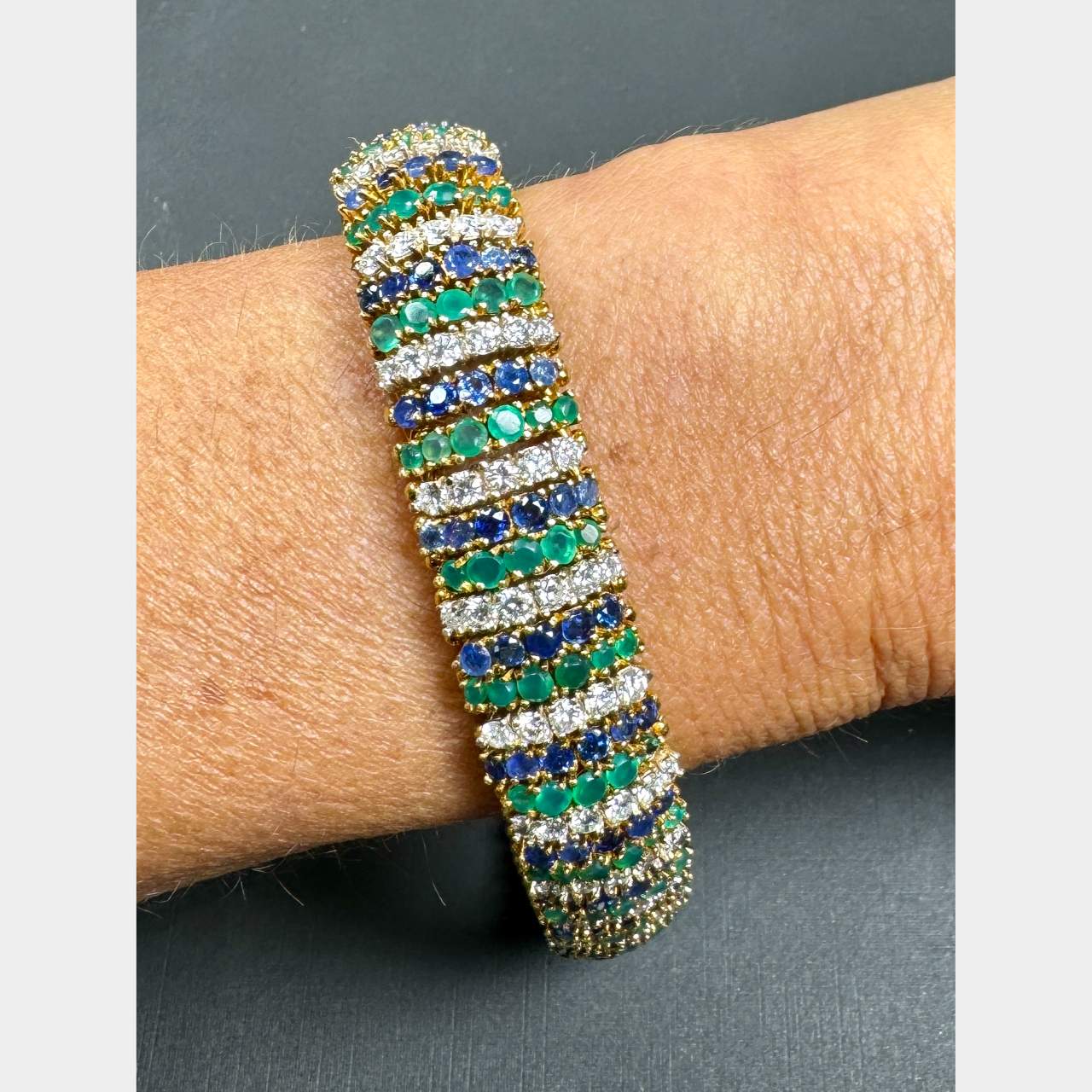 1960’s 18K Yellow Gold Diamond, Sapphire, & Green Onyx Bracelet