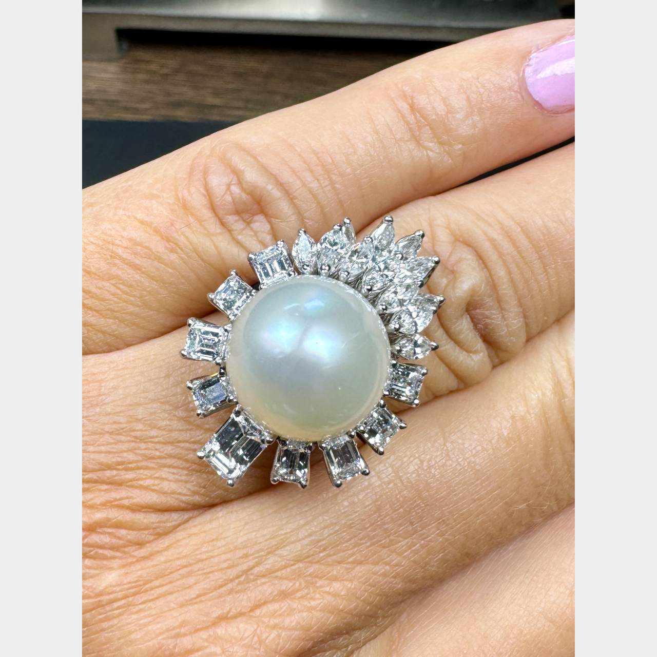 18K White Gold LFG Certified South Sea Pearl & Diamond Ring