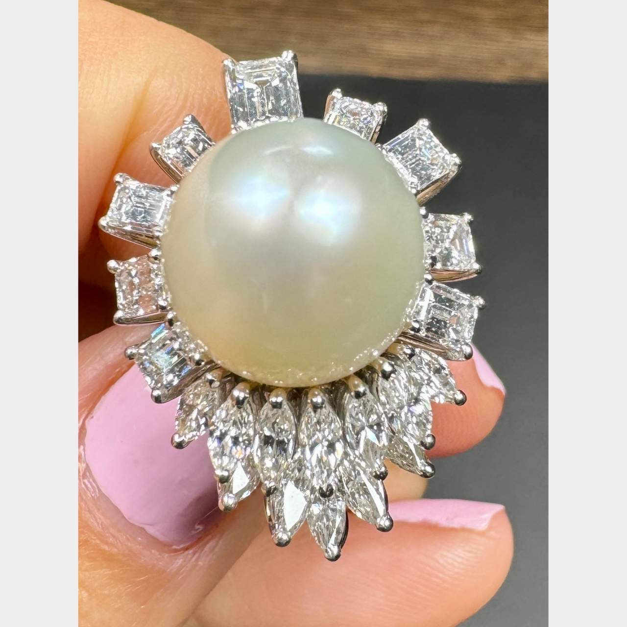 18K White Gold LFG Certified South Sea Pearl & Diamond Ring