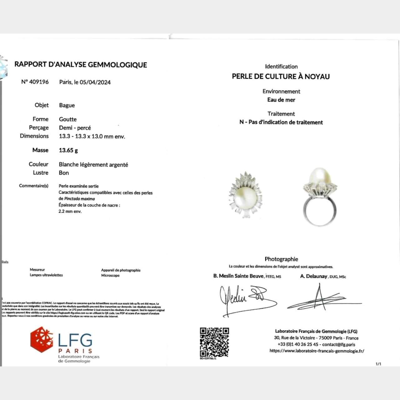 18K White Gold LFG Certified South Sea Pearl & Diamond Ring