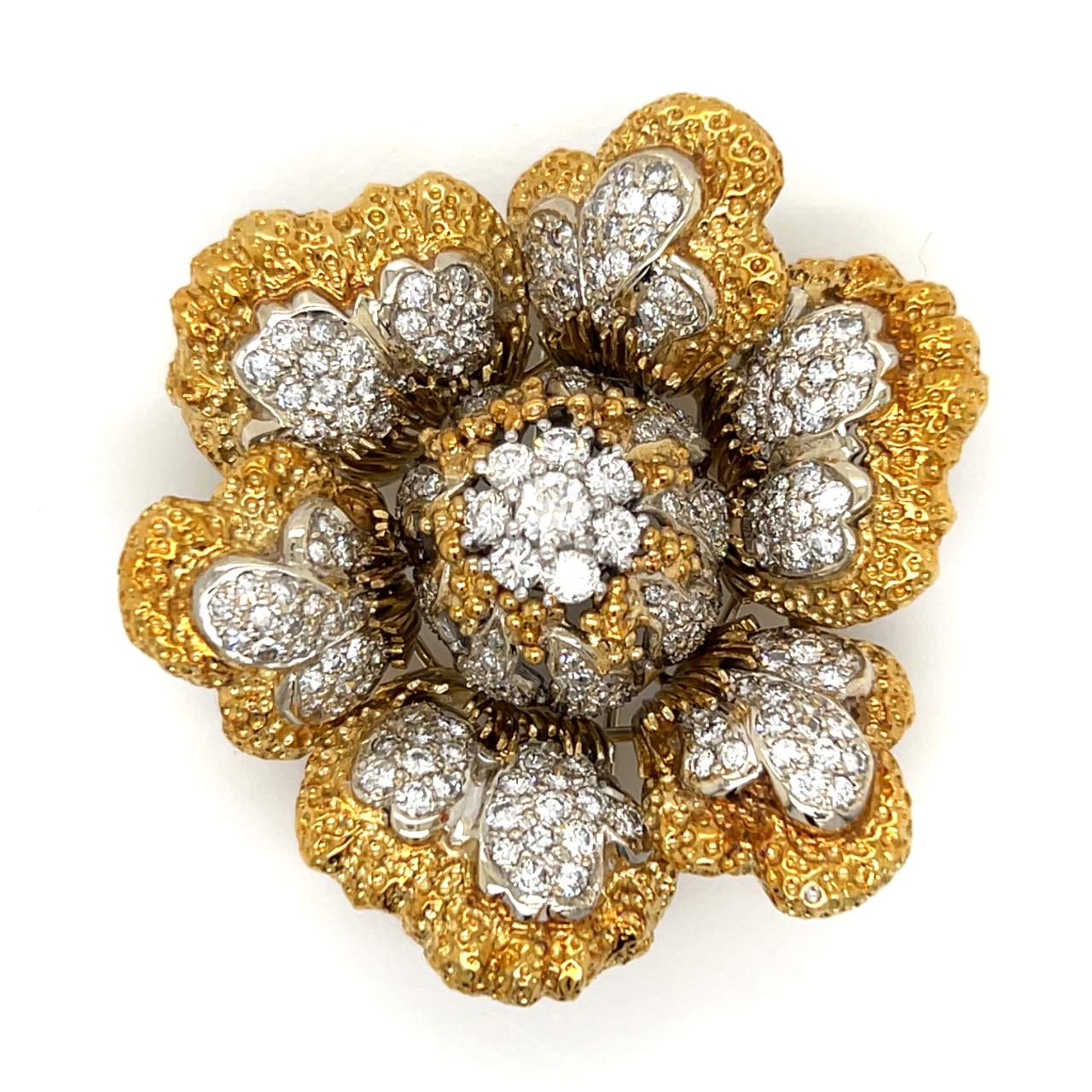 1960’s 18K Yellow & White Gold 6.25 Ct. Diamond Flower Brooch