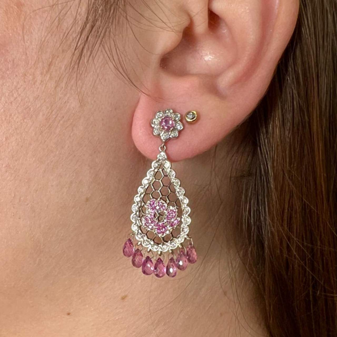18K White Gold Pink Tourmaline & Diamond Earrings