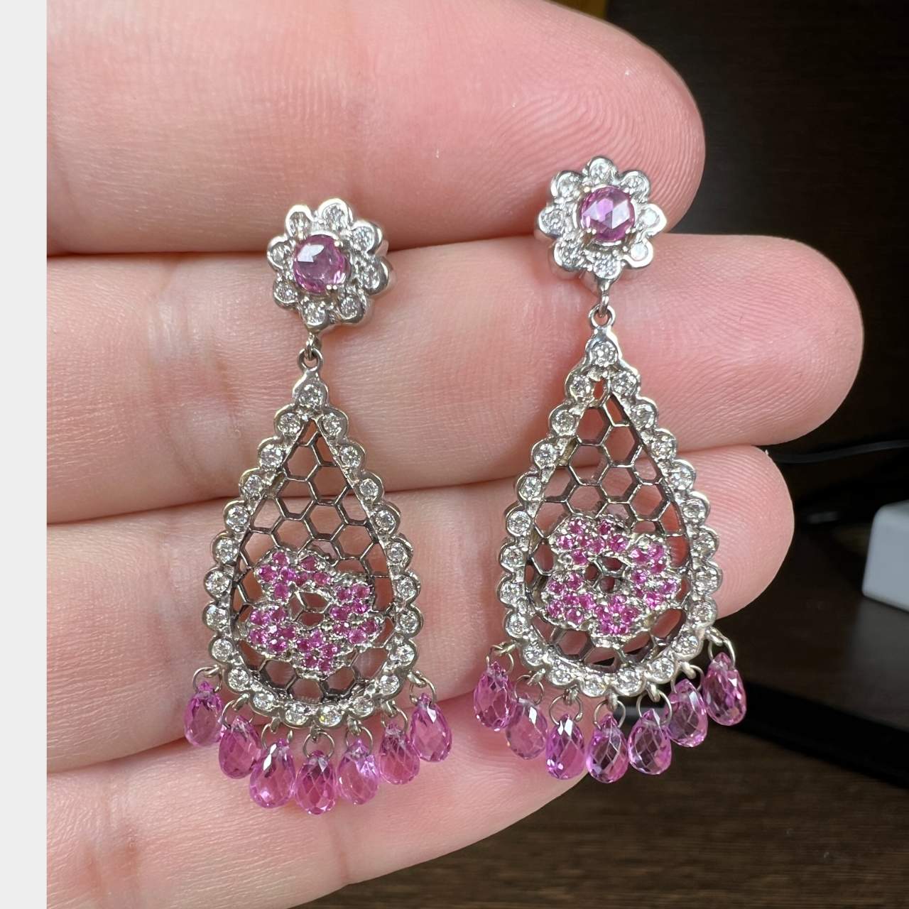 18K White Gold Pink Tourmaline & Diamond Earrings