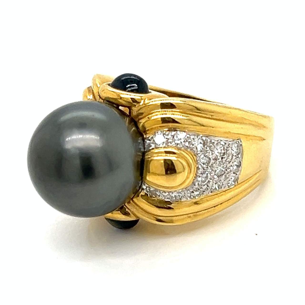 18K Yellow Gold South Sea Pearl, Sapphire, & Diamond Ring