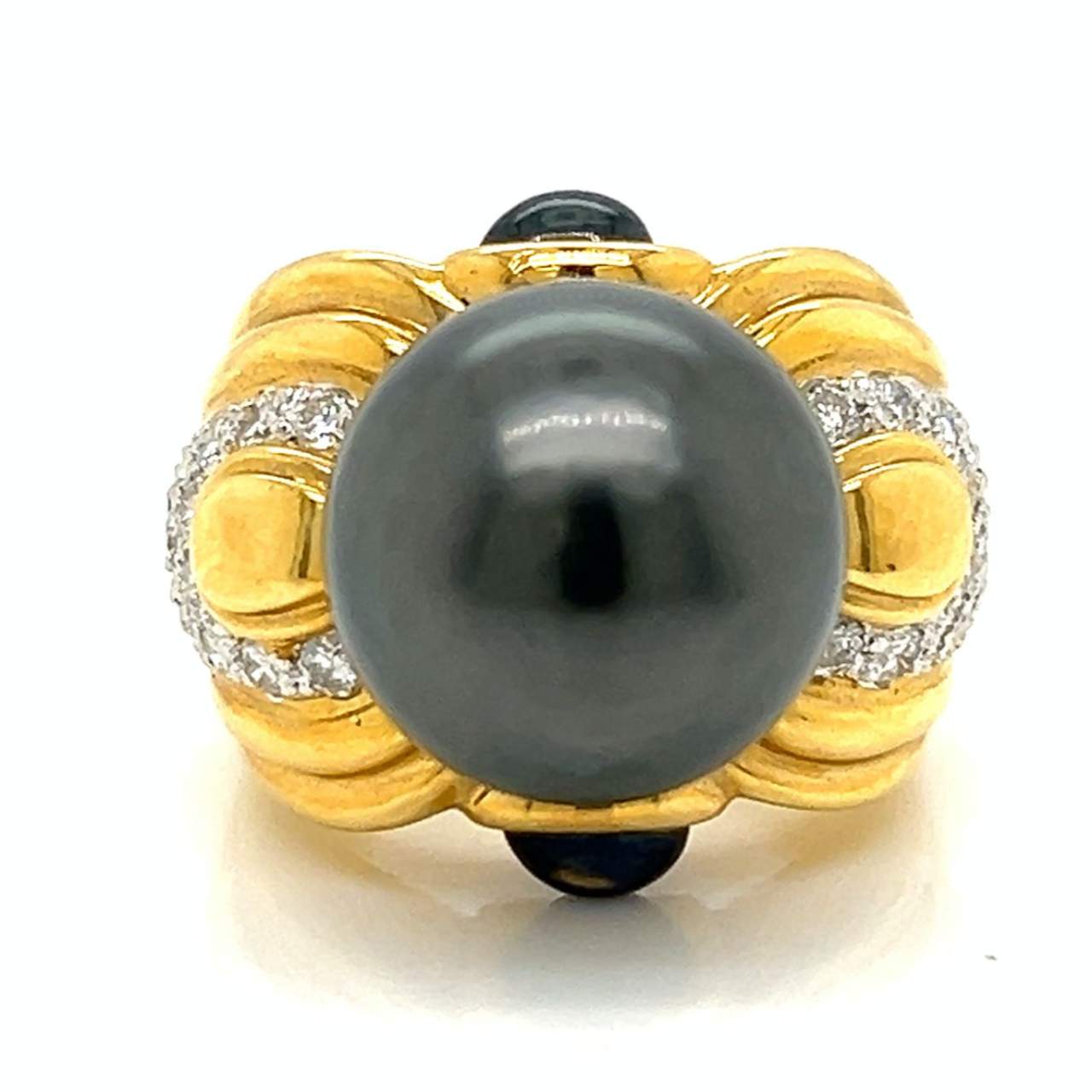 18K Yellow Gold South Sea Pearl, Sapphire, & Diamond Ring