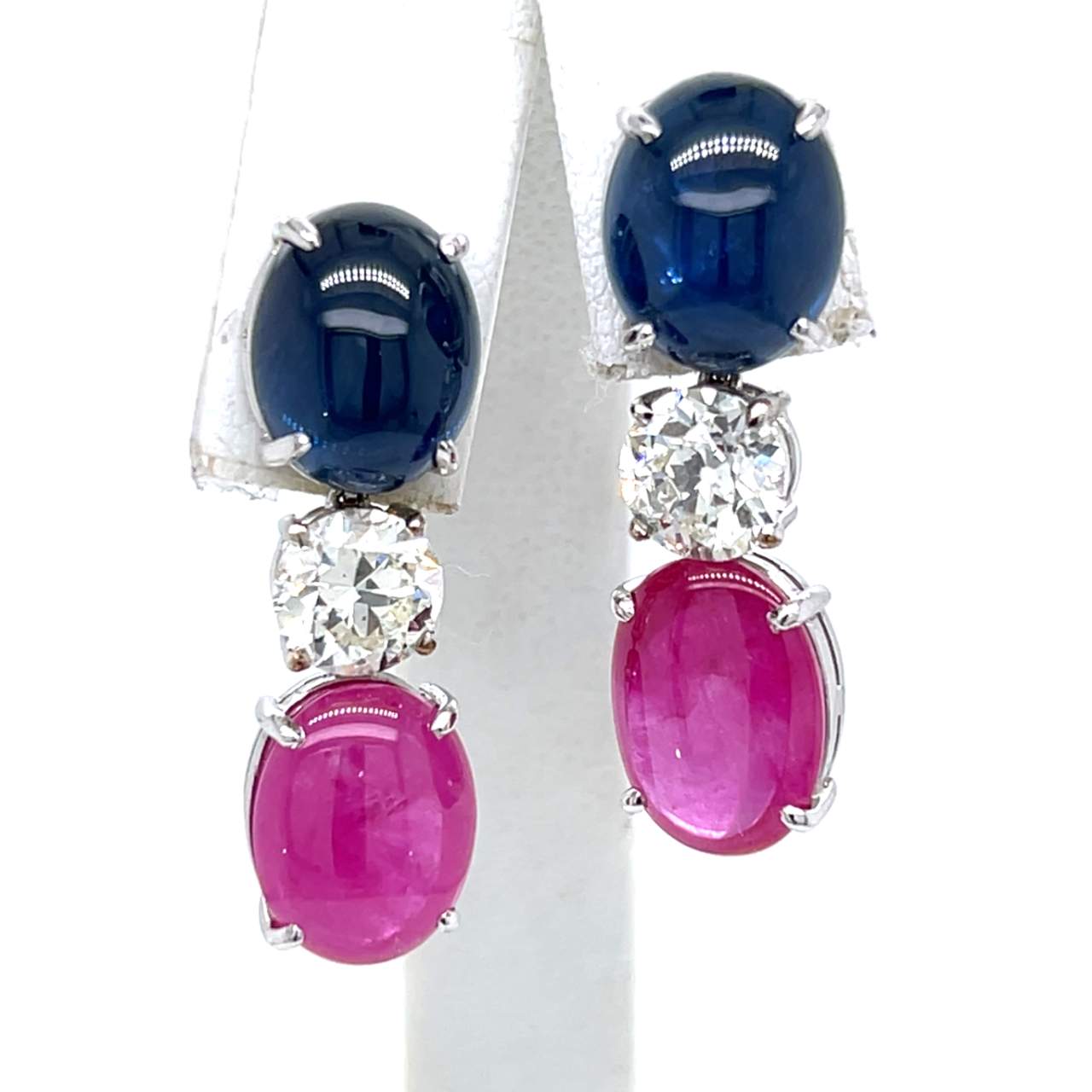 18K White Gold Sapphire, Diamond, & Ruby Earrings