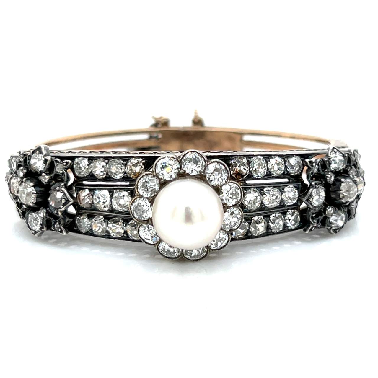 14K Yellow Gold & Silver Top Pearl & Diamond Bangle