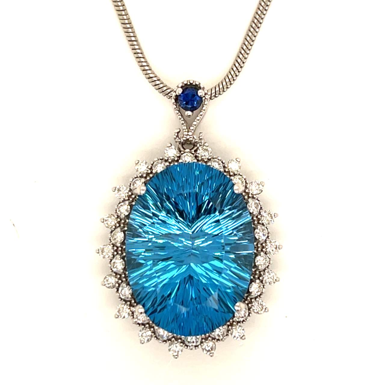 14K White Gold Blue Topaz & Diamond Necklace