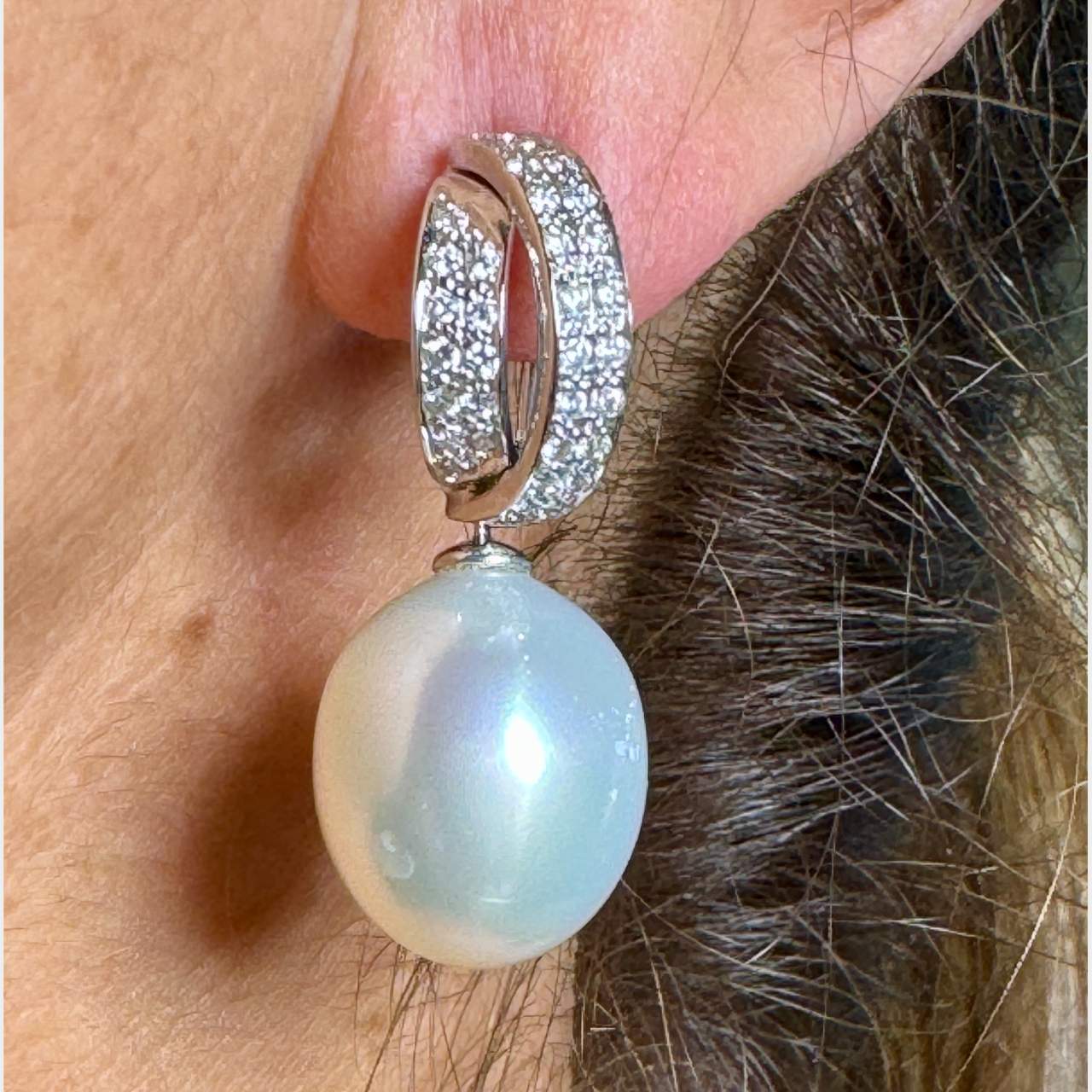 18K White Gold South Sea Pearl & Diamond Earrings