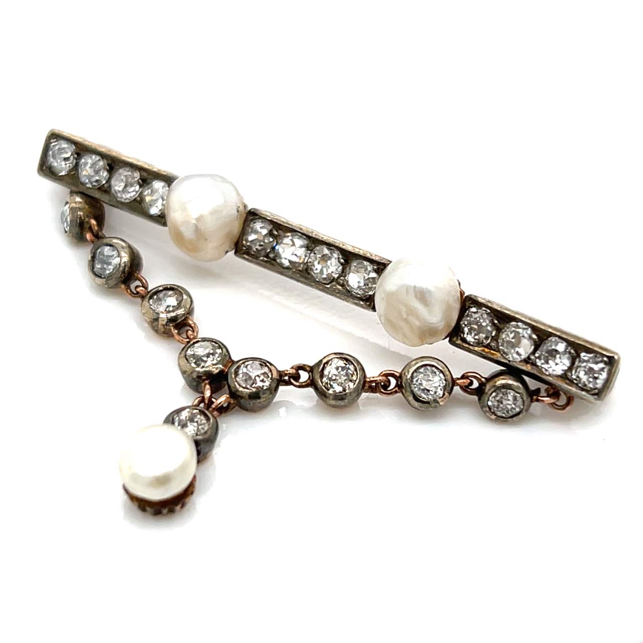 Victorian 18K & Silver Top Natural Pearl & Diamond Brooch