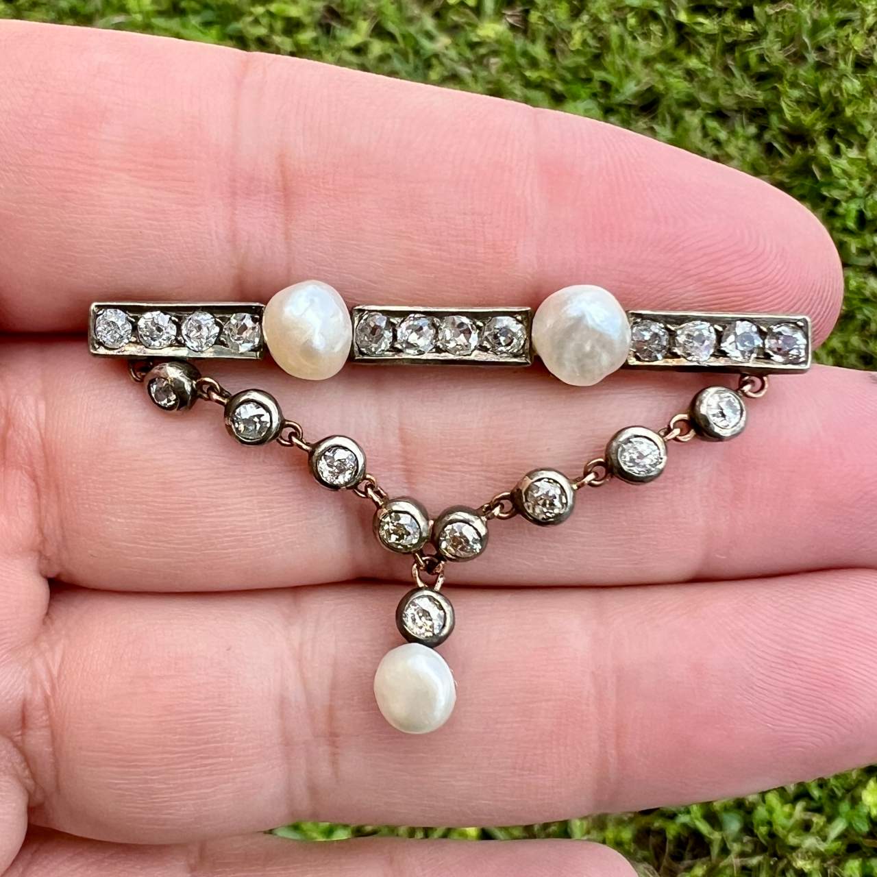 Victorian 18K & Silver Top Natural Pearl & Diamond Brooch