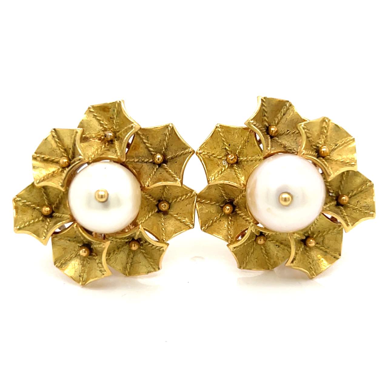 French 18K Yellow Gold Pearl Flower Earrings