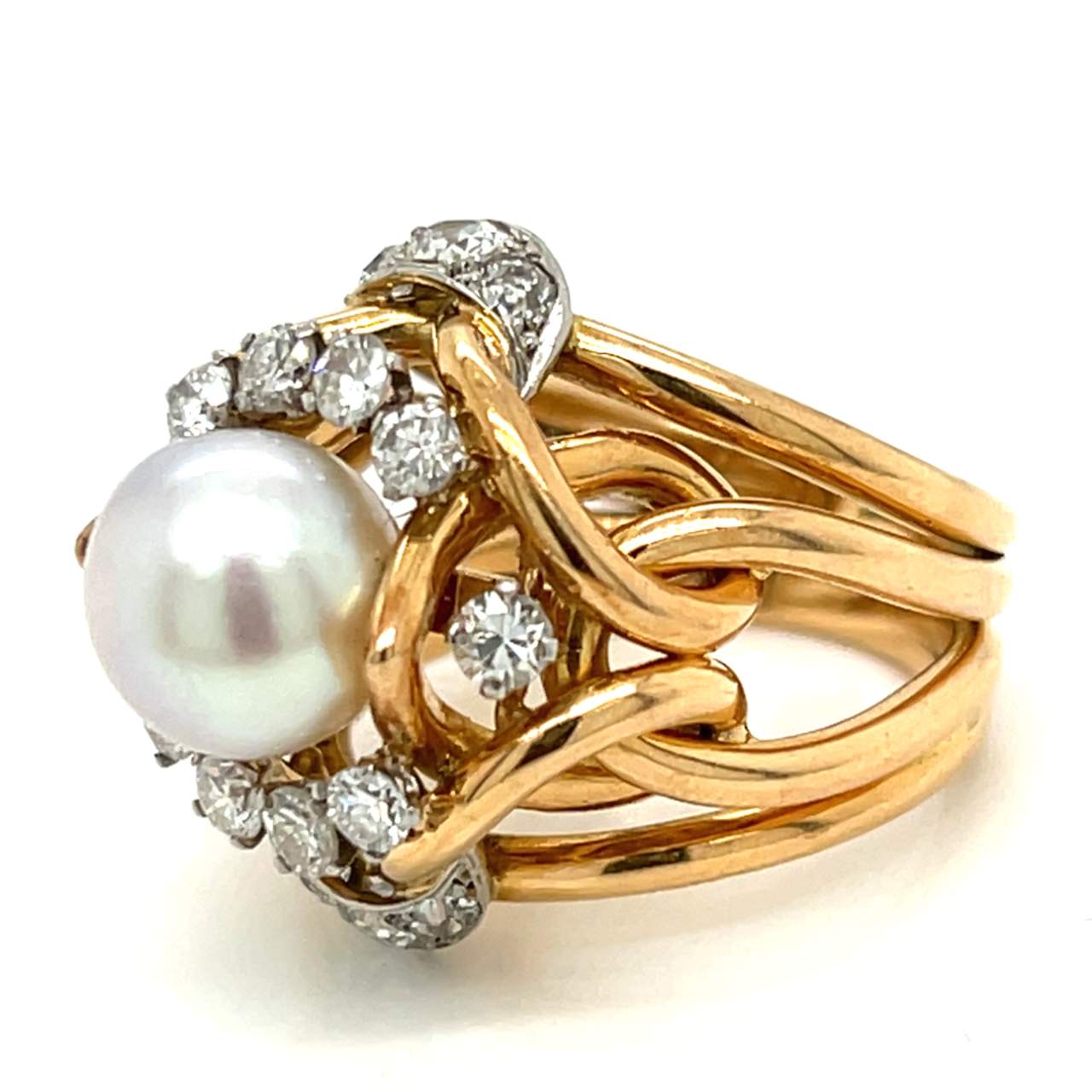 Retro 18K Rose Gold & Platinum Pearl and Diamond Ring