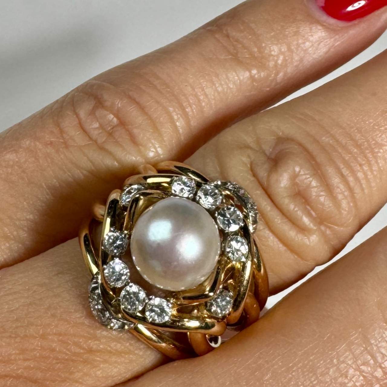 Retro 18K Rose Gold & Platinum Pearl and Diamond Ring