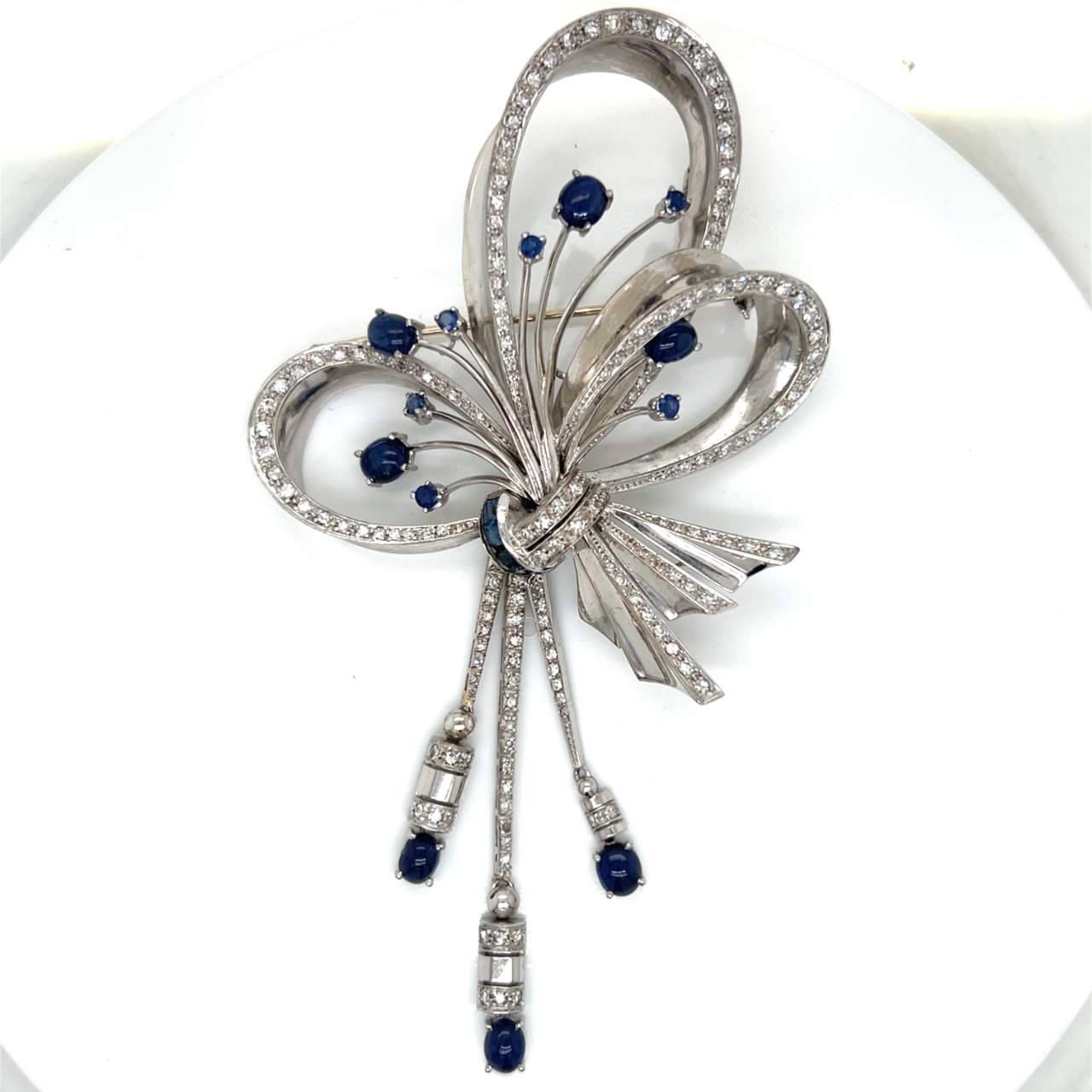 Retro 18K White Gold Diamond & Sapphire Brooch