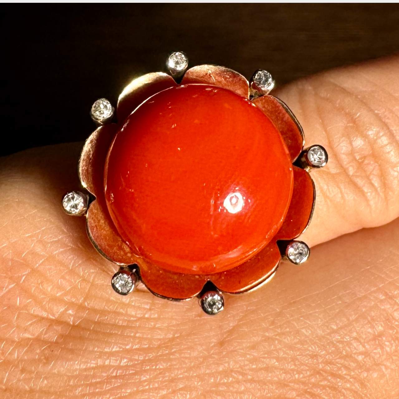 Retro Coral & Diamond Ring