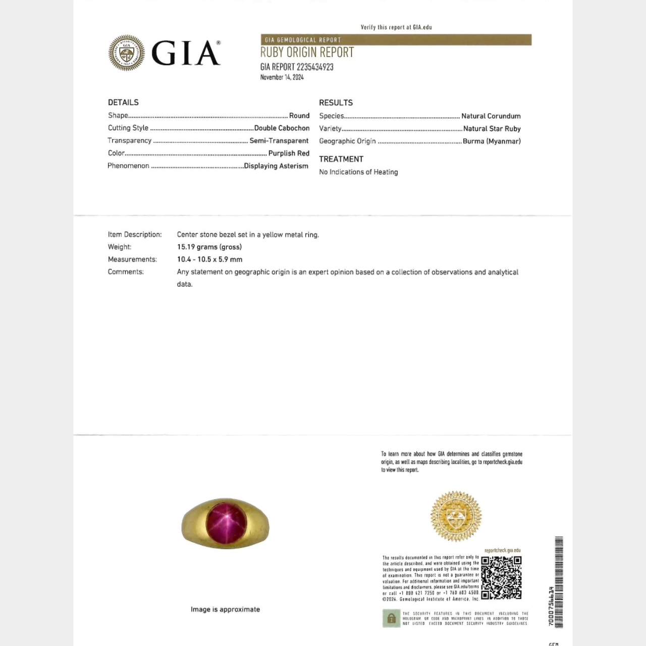 JE CALDWELL 18K Yellow Gold GIA Certified Star Ruby Ring