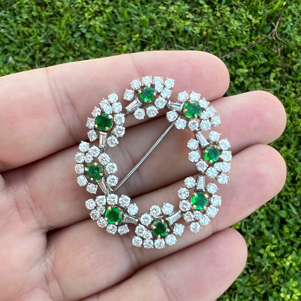 Platinum Emerald & Diamond Brooch