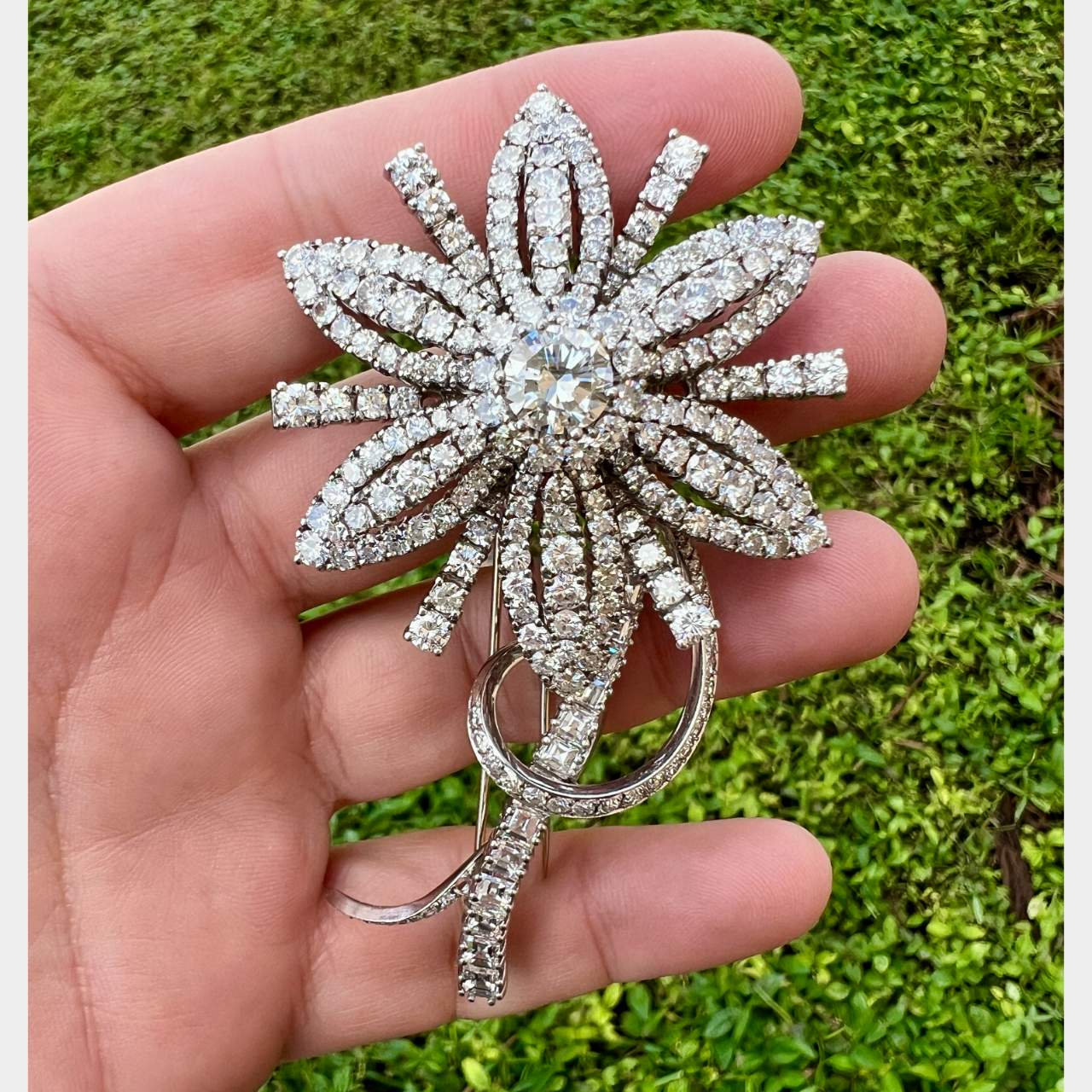 Platinum 21.70 Ct. LFG Certified Diamond Flower Brooch