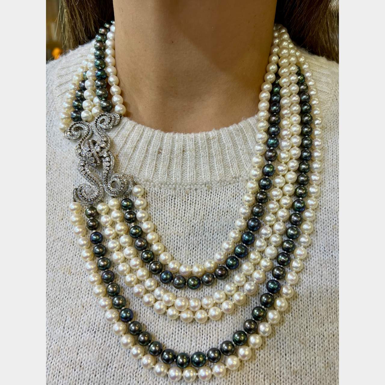 Art Deco Platinum Black & White Cultured Pearl and Diamond Necklace