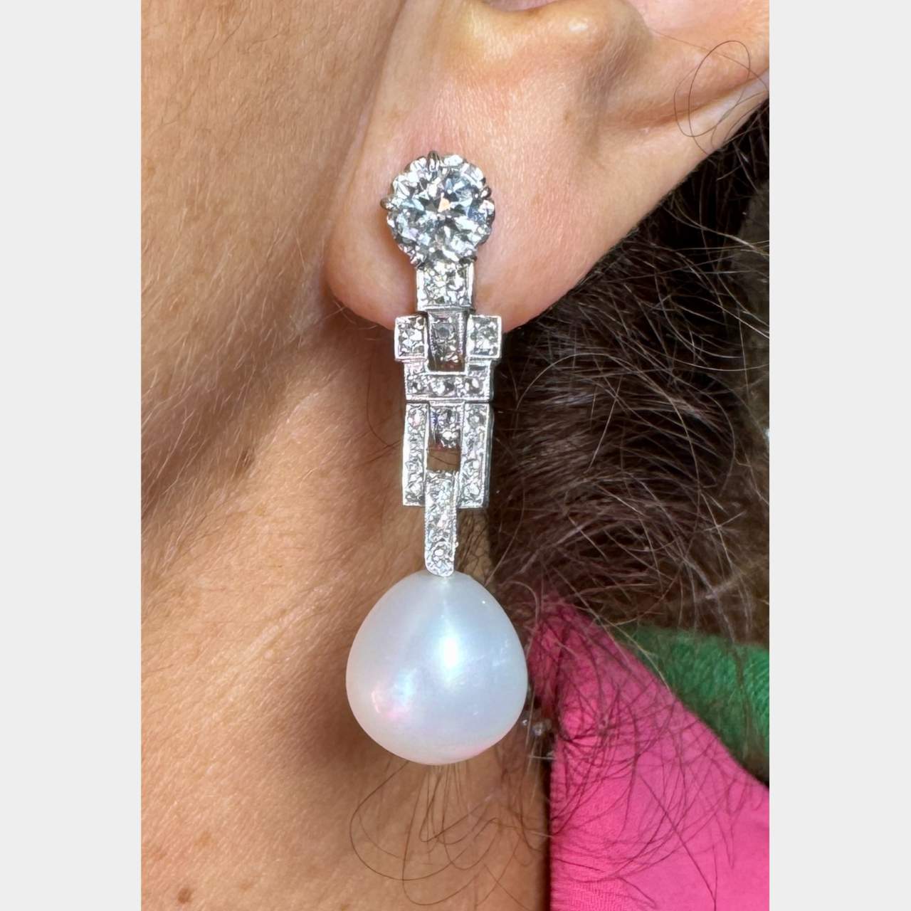 Art Deco Platinum South Sea Pearl & Diamond Earrings