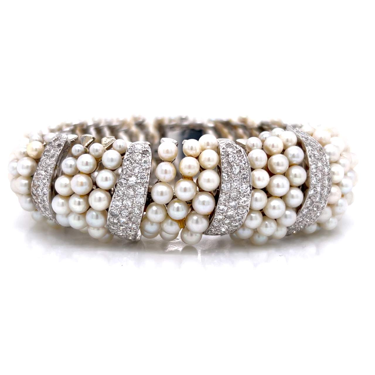 1950’s 14K White Gold Diamond & Cultured Pearl Bracelet
