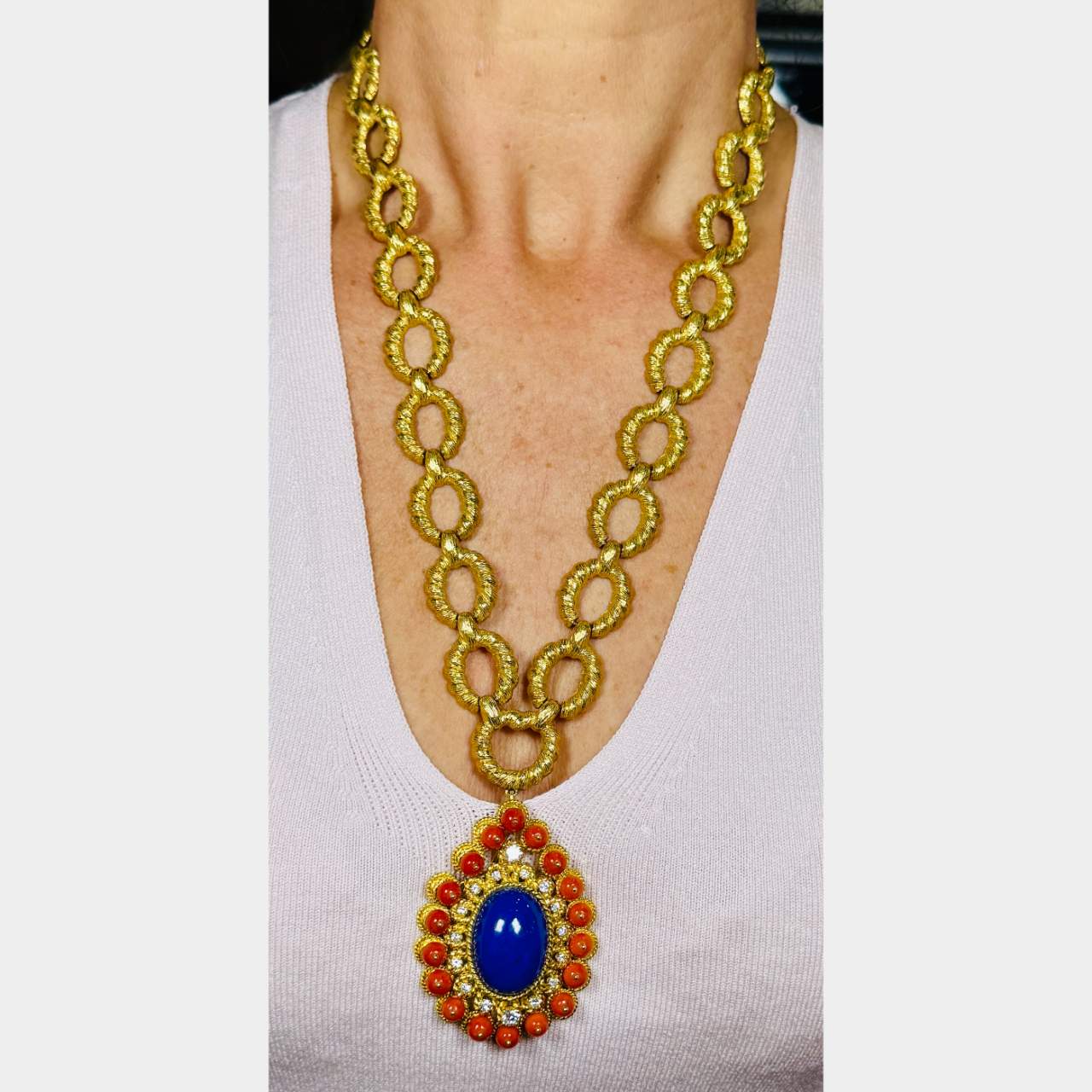 1960’s 18K Yellow Gold Coral & Lapis Lazuli Necklace