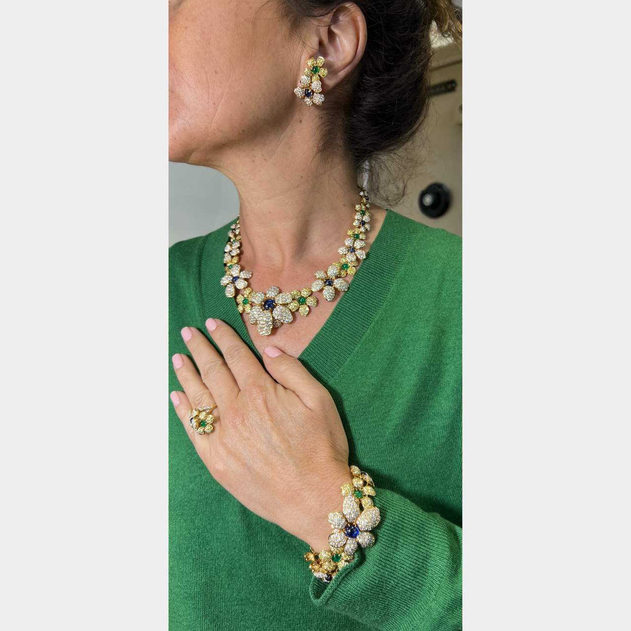 FRENCH 18K Necklace, Bracelet, Earrings, and Ring Set