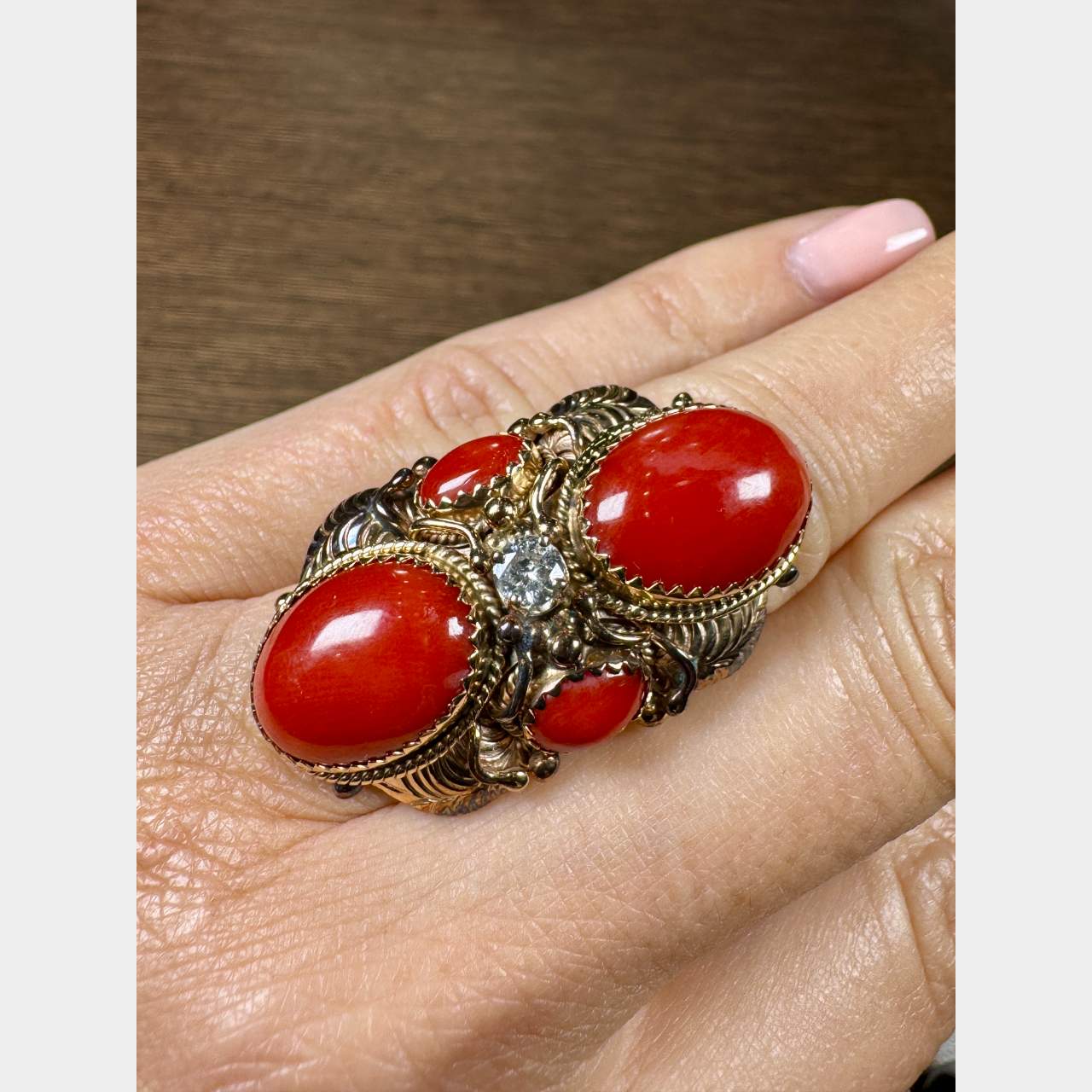 1960’s 14K Yellow Gold Coral & Diamond Ring