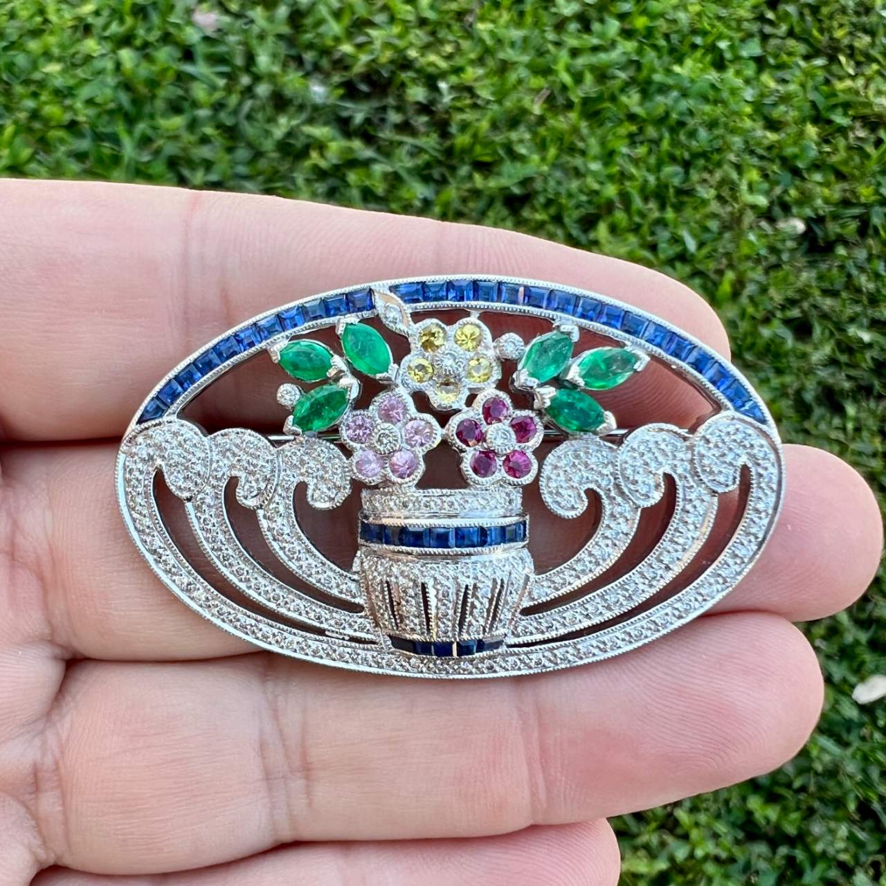 18K White Gold Diamond, Emerald, Ruby, and Sapphire Brooch