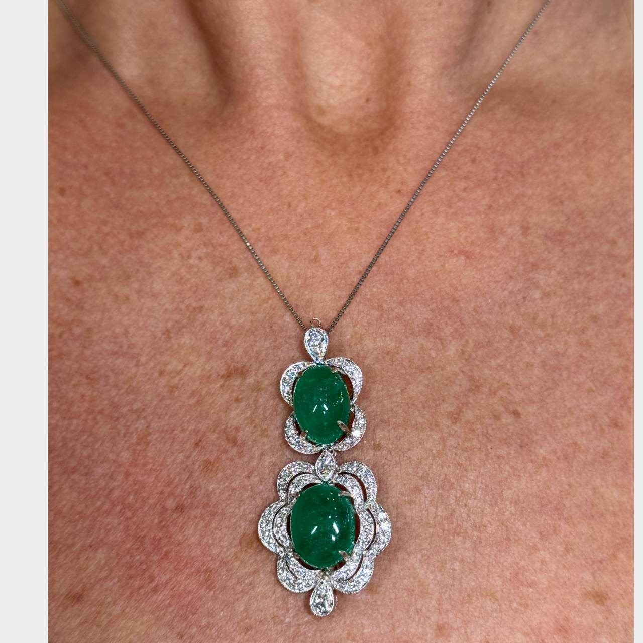 18K White Gold Emerald & Diamond Pendant with Platinum Chain