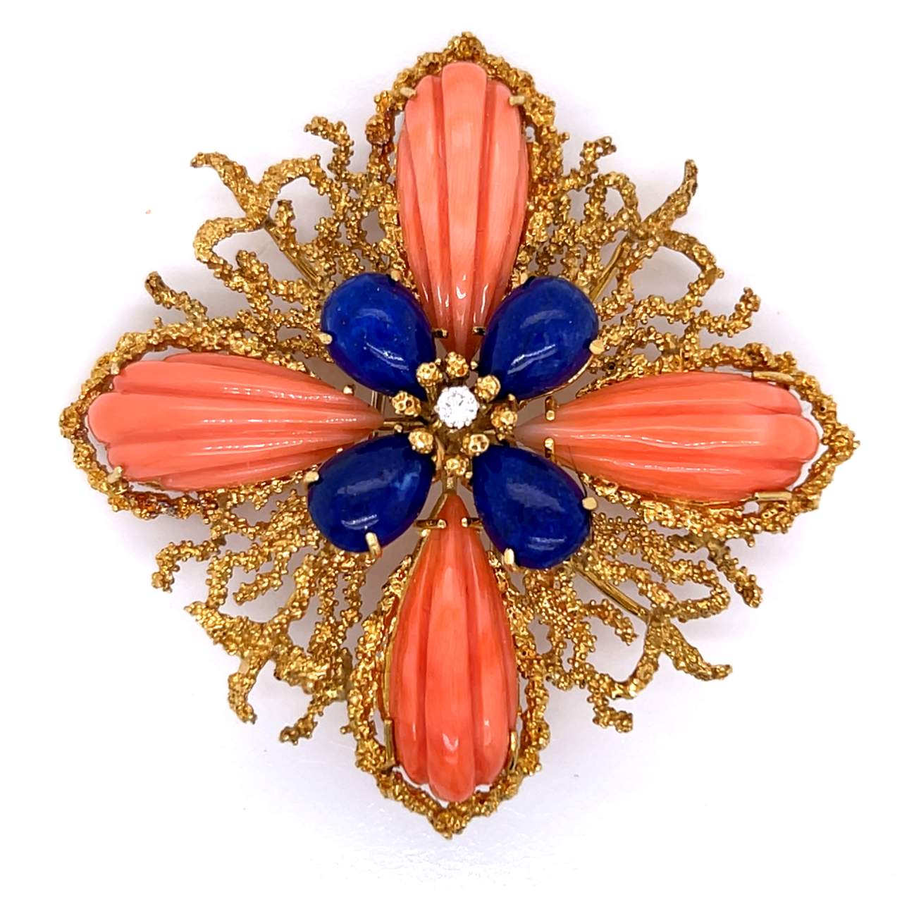1960’s 18K Yellow Gold Coral & Lapis Lazuli Brooch