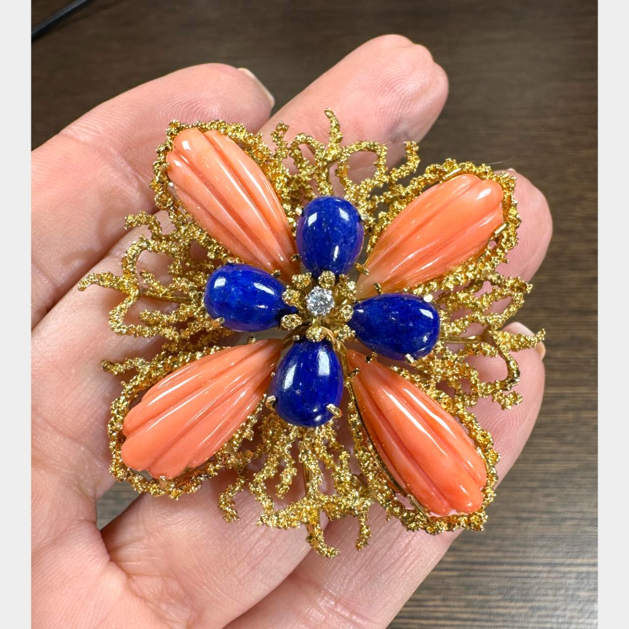 1960’s 18K Yellow Gold Coral & Lapis Lazuli Brooch