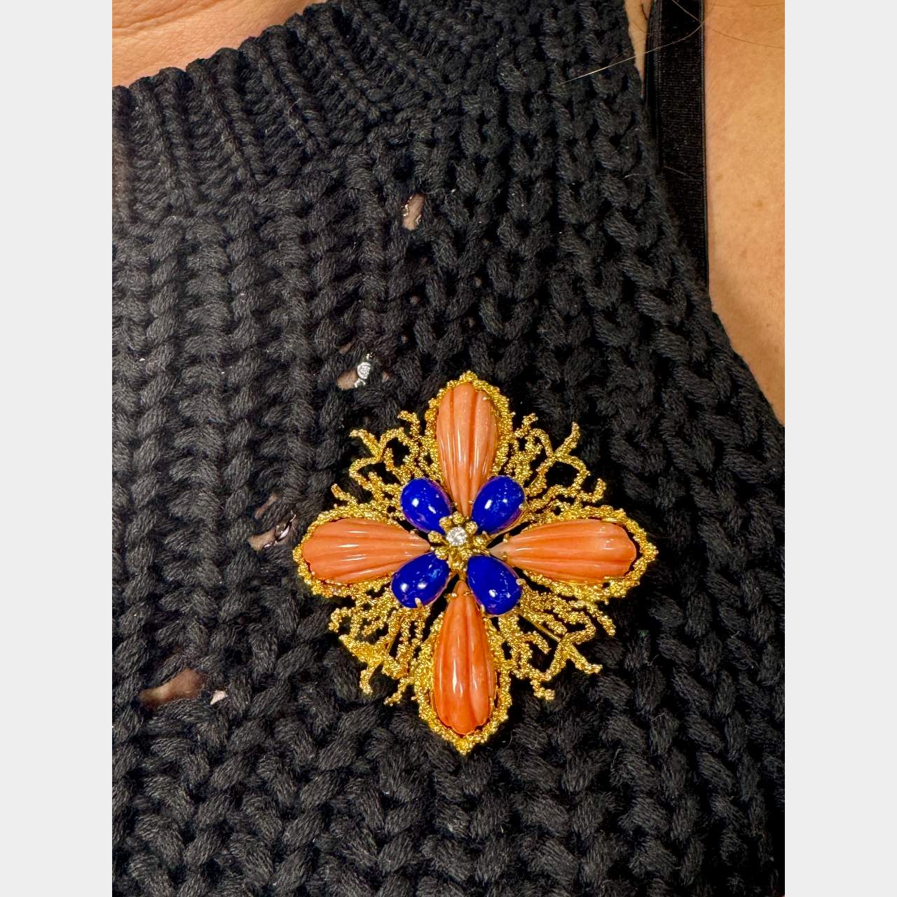 1960’s 18K Yellow Gold Coral & Lapis Lazuli Brooch