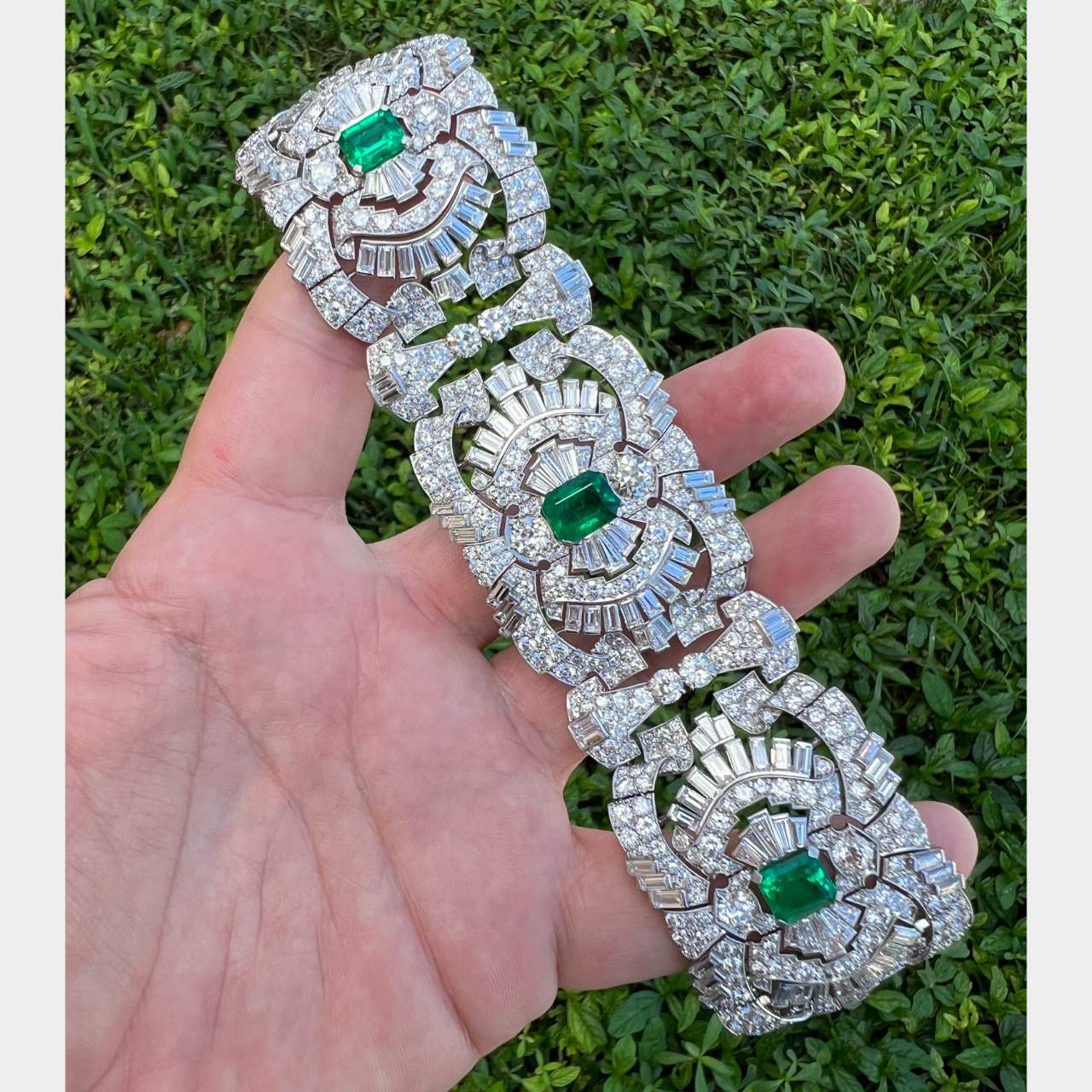 Art Deco Platinum Diamond & Emerald Bracelet
