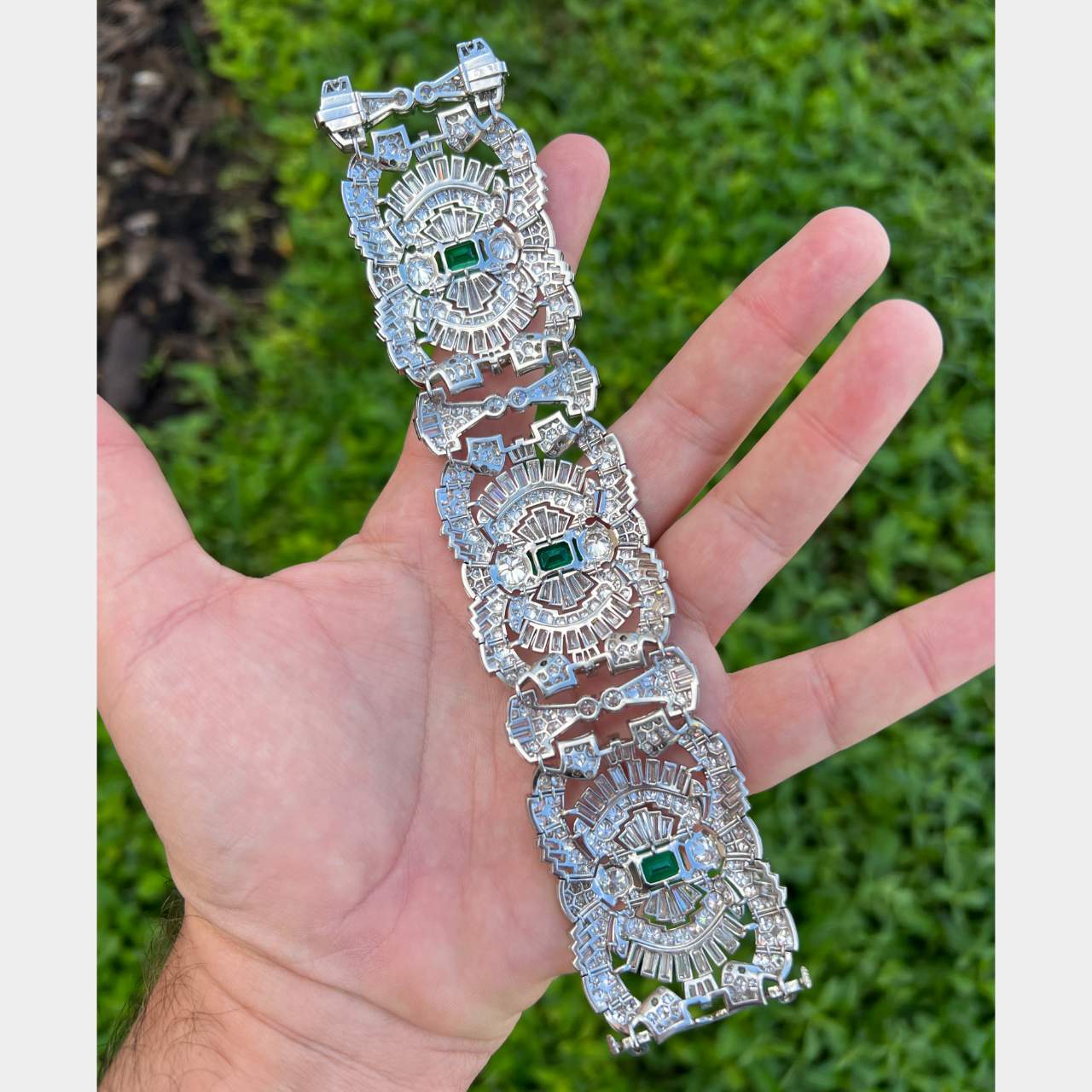 Art Deco Platinum Diamond & Emerald Bracelet