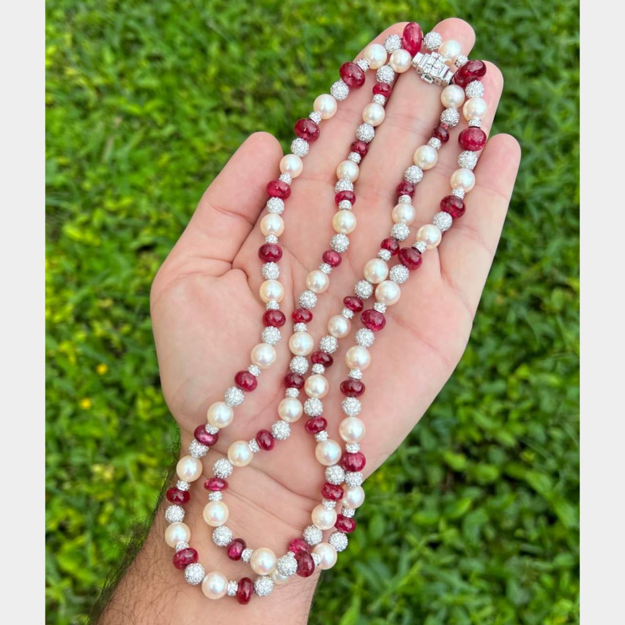 Platinum Ruby, Diamond, and Pearl Necklace