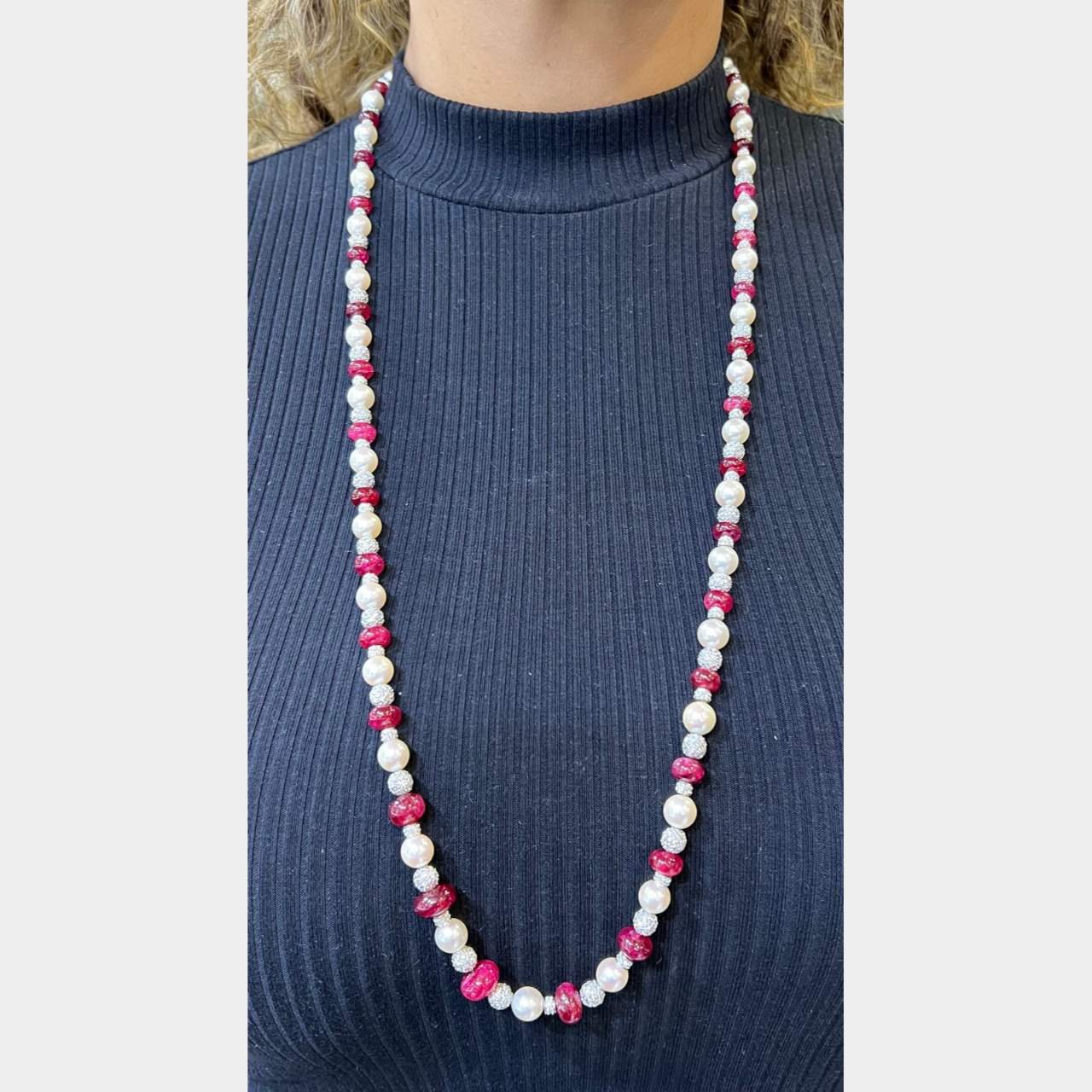 Platinum Ruby, Diamond, and Pearl Necklace