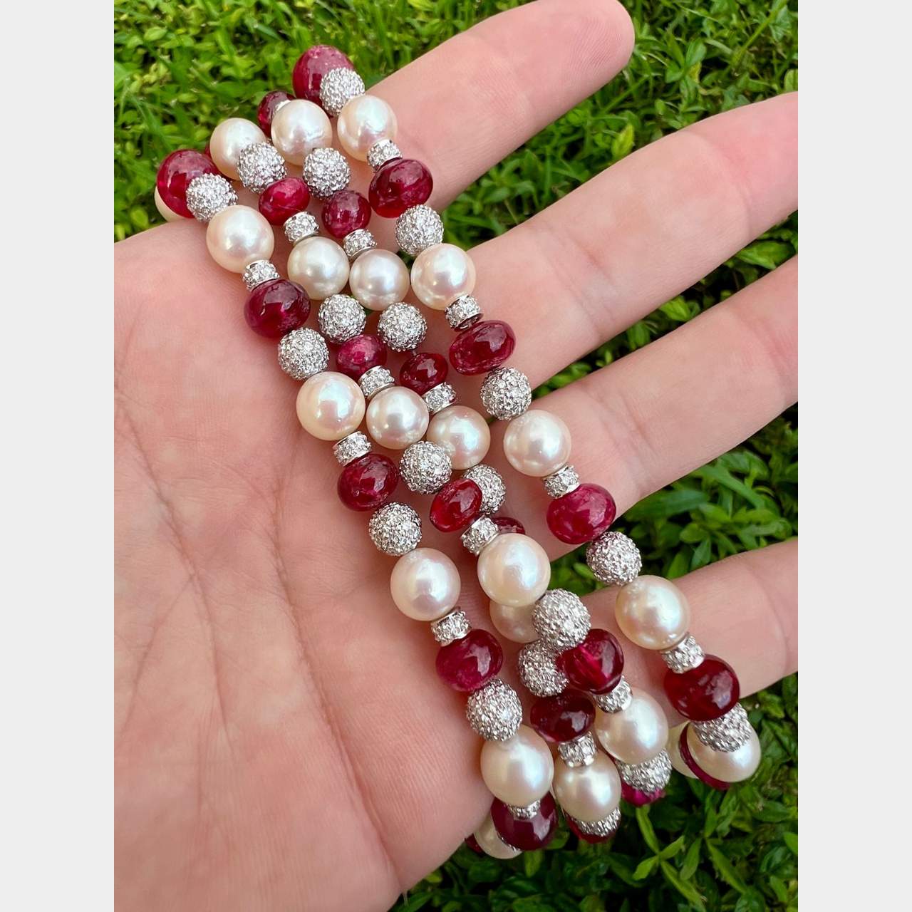 Platinum Ruby, Diamond, and Pearl Necklace