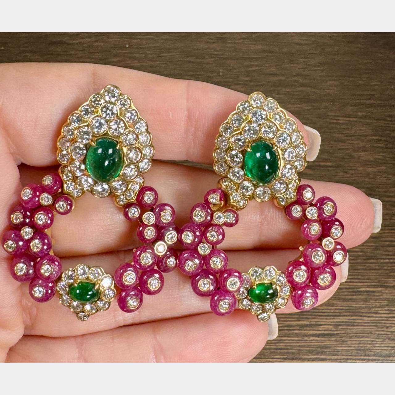 18K Yellow Gold Diamond Ruby and Emerald Earrings