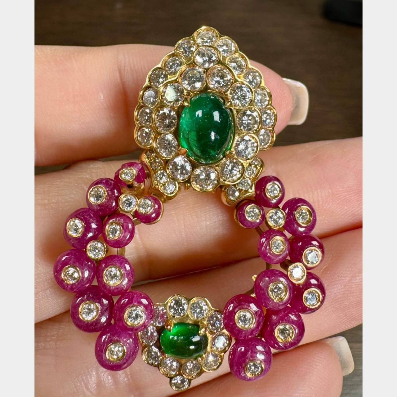 18K Yellow Gold Diamond Ruby and Emerald Earrings