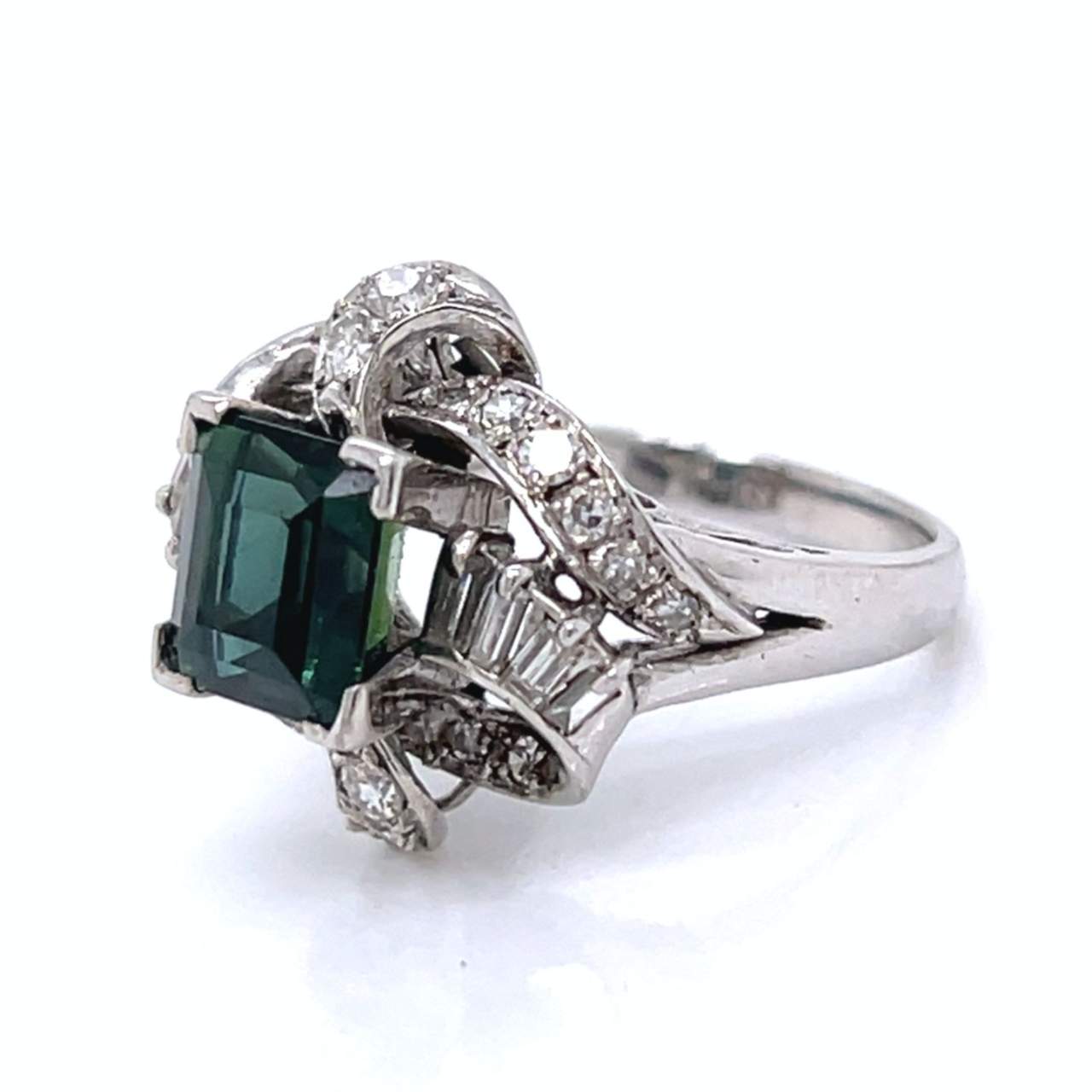 1950’s 18K White Gold NGI Certified Green Sapphire & Diamond Ring