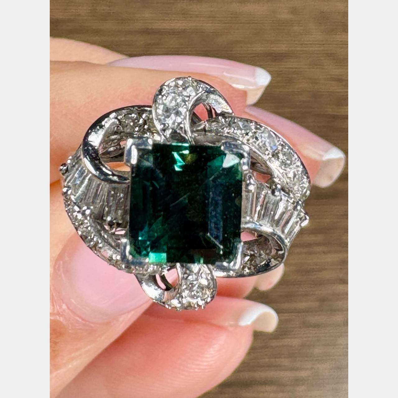 1950’s 18K White Gold NGI Certified Green Sapphire & Diamond Ring