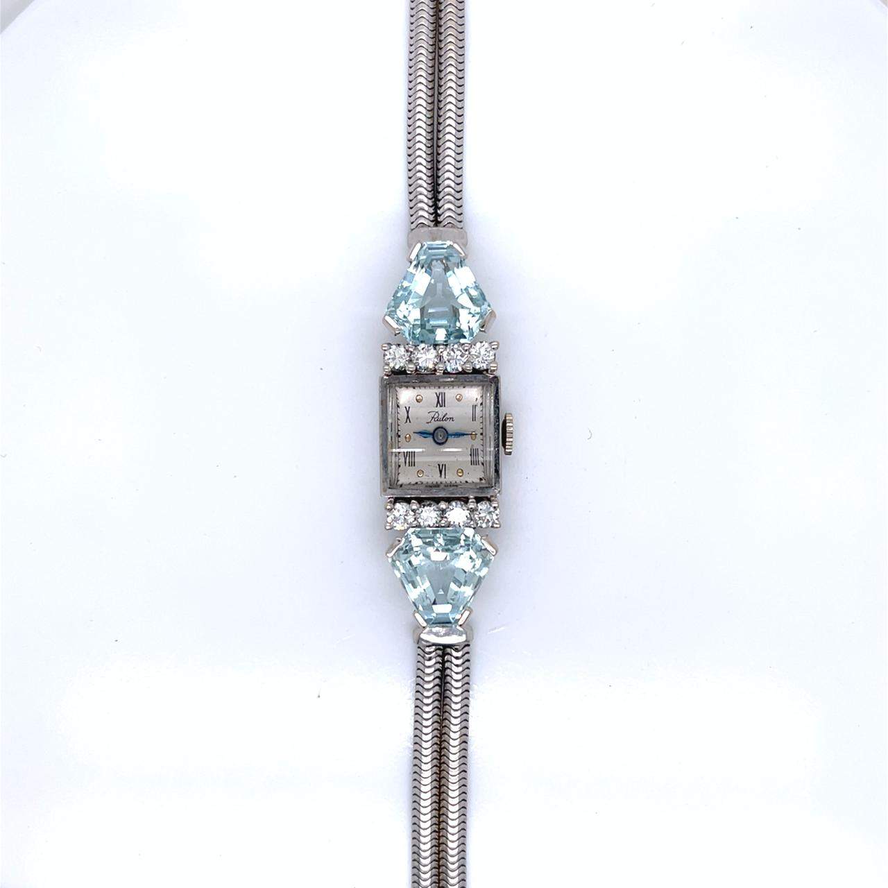 1950’s 14K White Gold Aquamarine & Diamond Ladies Cocktail Watch