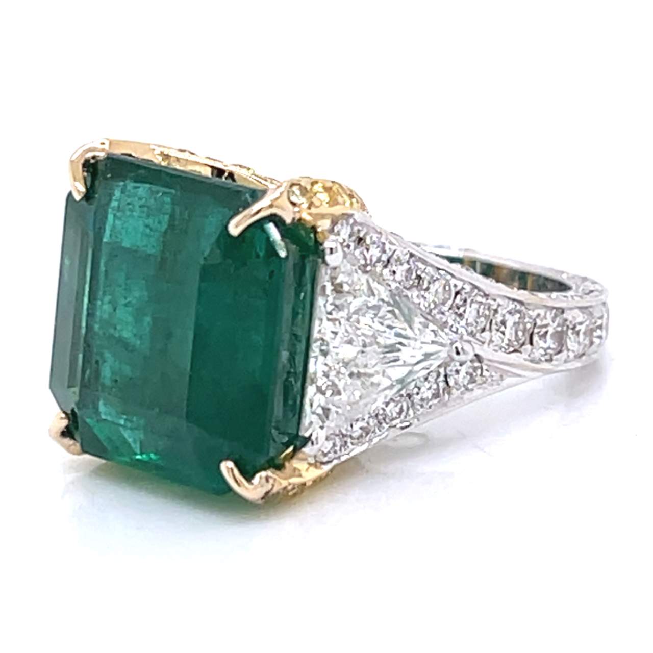 18K Yellow & White Gold GIA Certified 15.14 Ct. Emerald and Diamond Ring