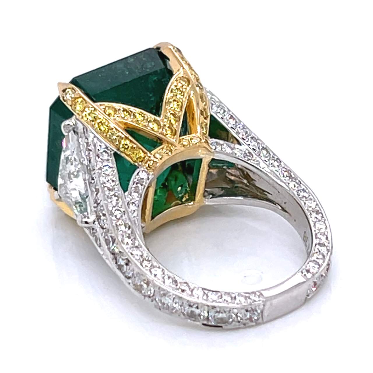 18K Yellow & White Gold GIA Certified 15.14 Ct. Emerald and Diamond Ring
