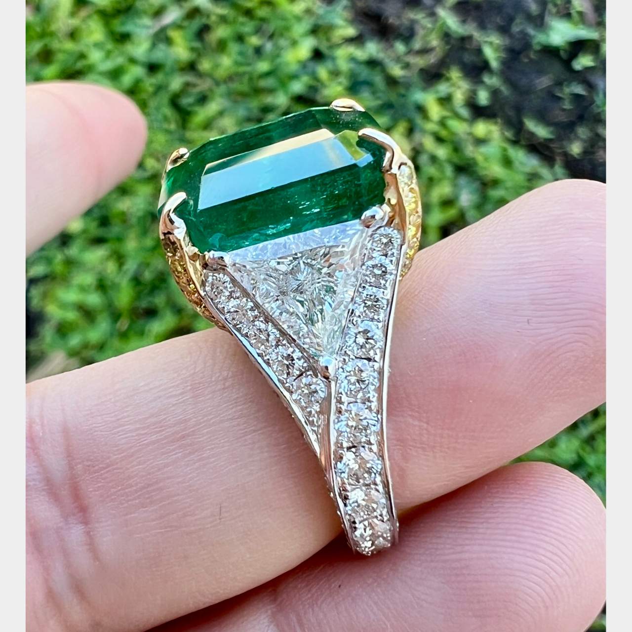 18K Yellow & White Gold GIA Certified 15.14 Ct. Emerald and Diamond Ring