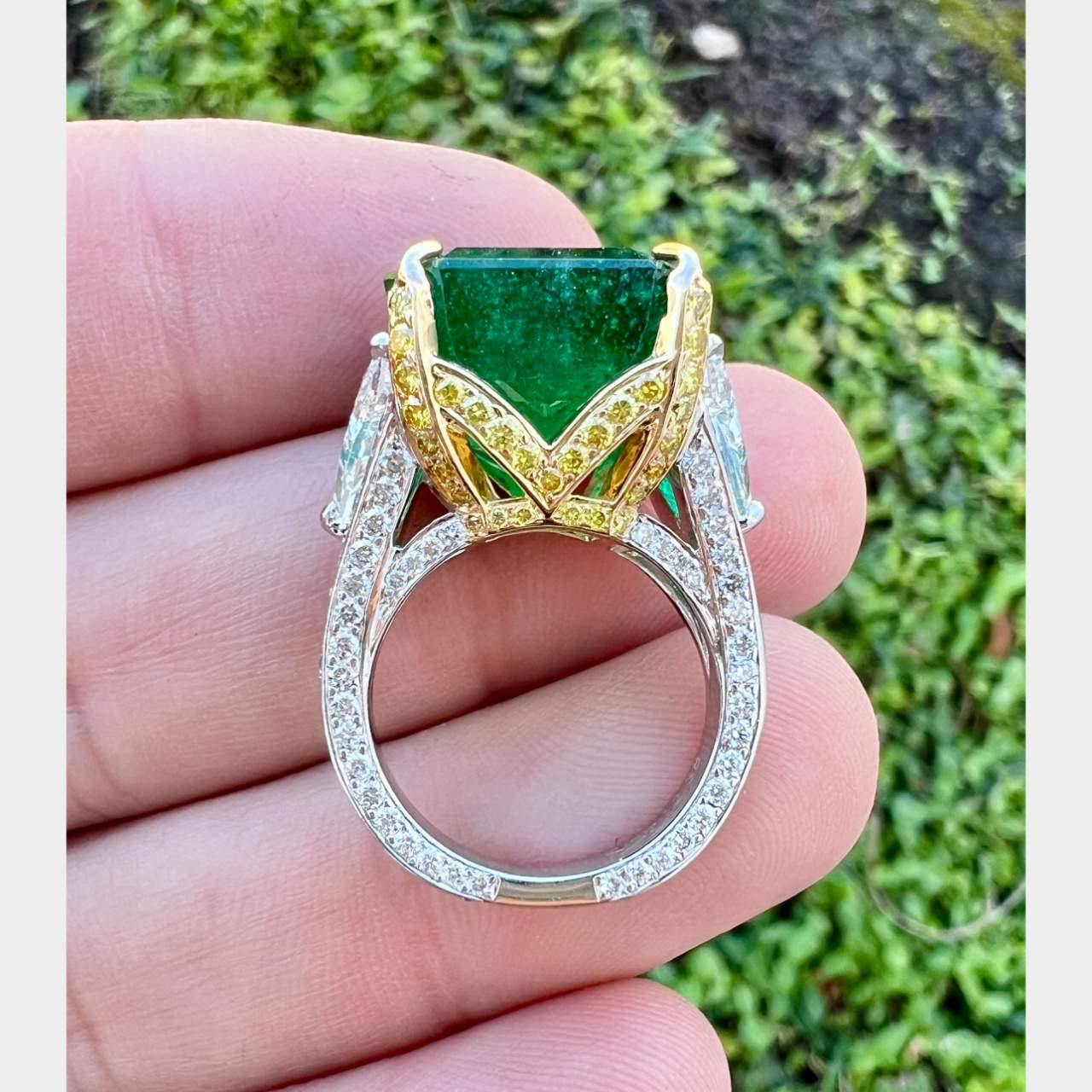 18K Yellow & White Gold GIA Certified 15.14 Ct. Emerald and Diamond Ring