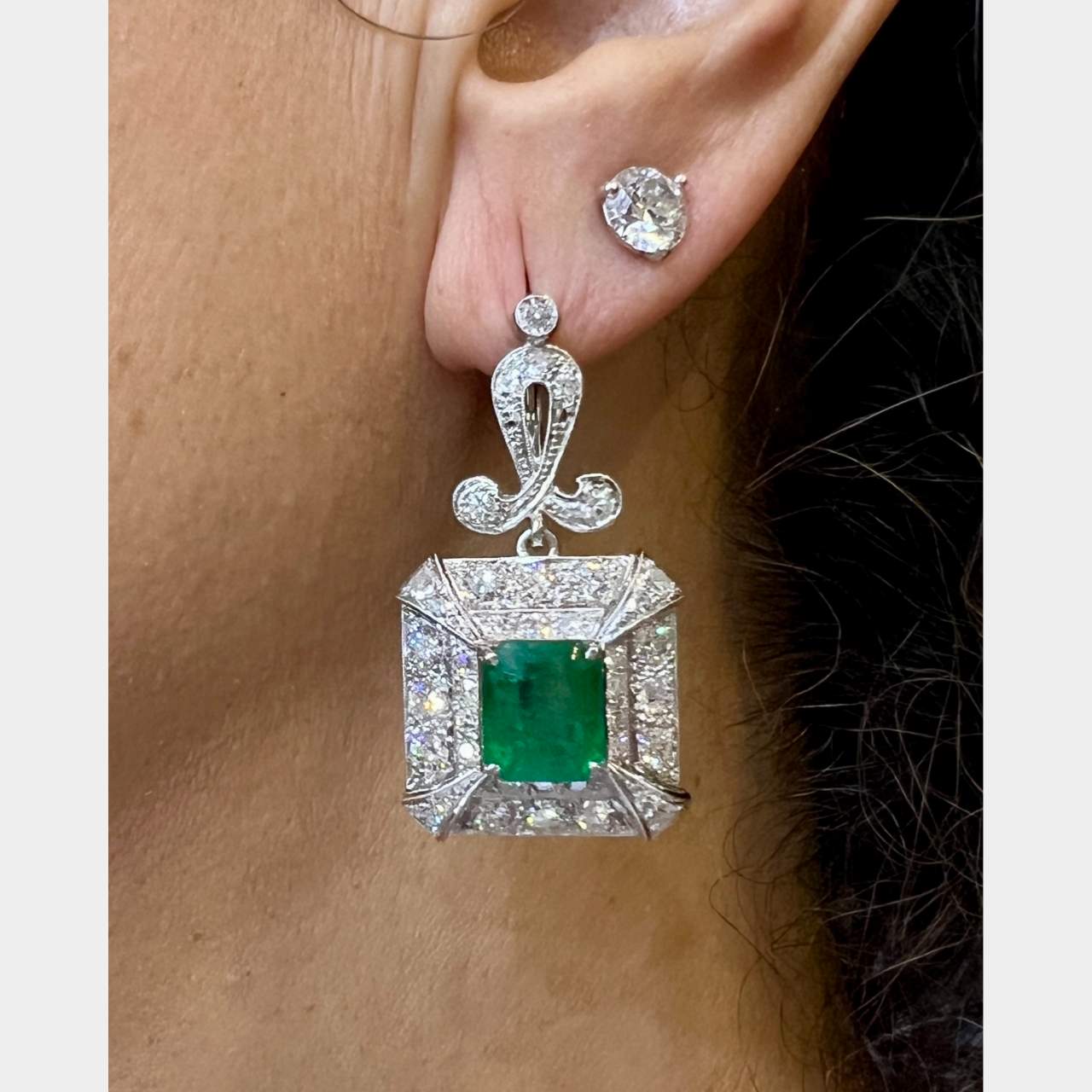 Art Deco Platinum Emerald & Diamond Earrings