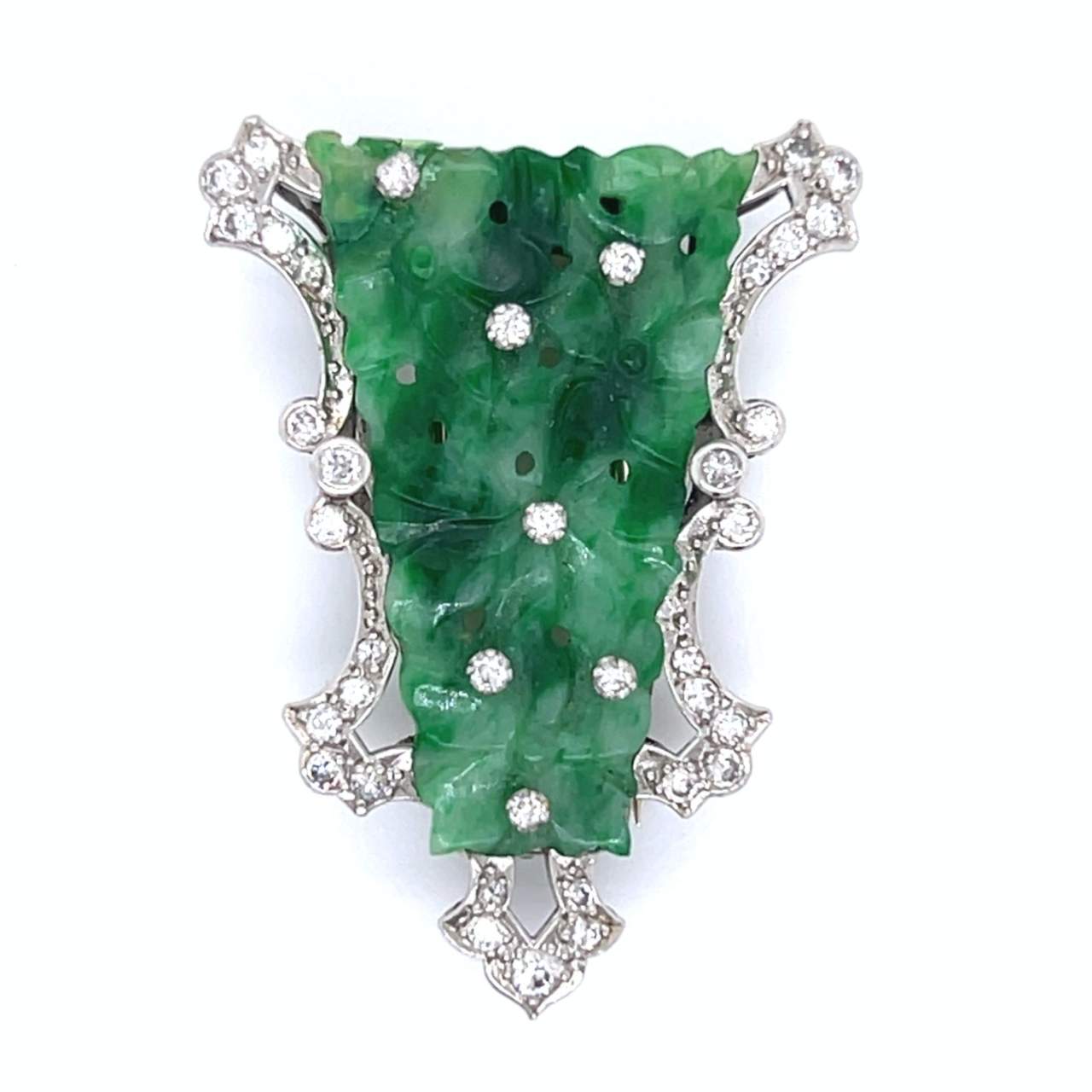 Art Deco Platinum Jade & Diamond Brooch